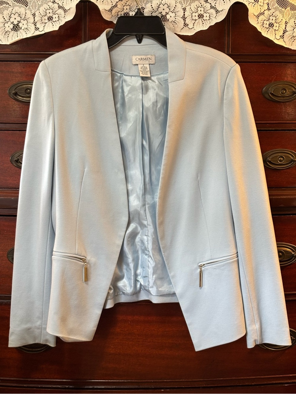 Carmen Marc Valvo Powder Blue Minimalist Blazer Zip Pocket Jacket Size 8
